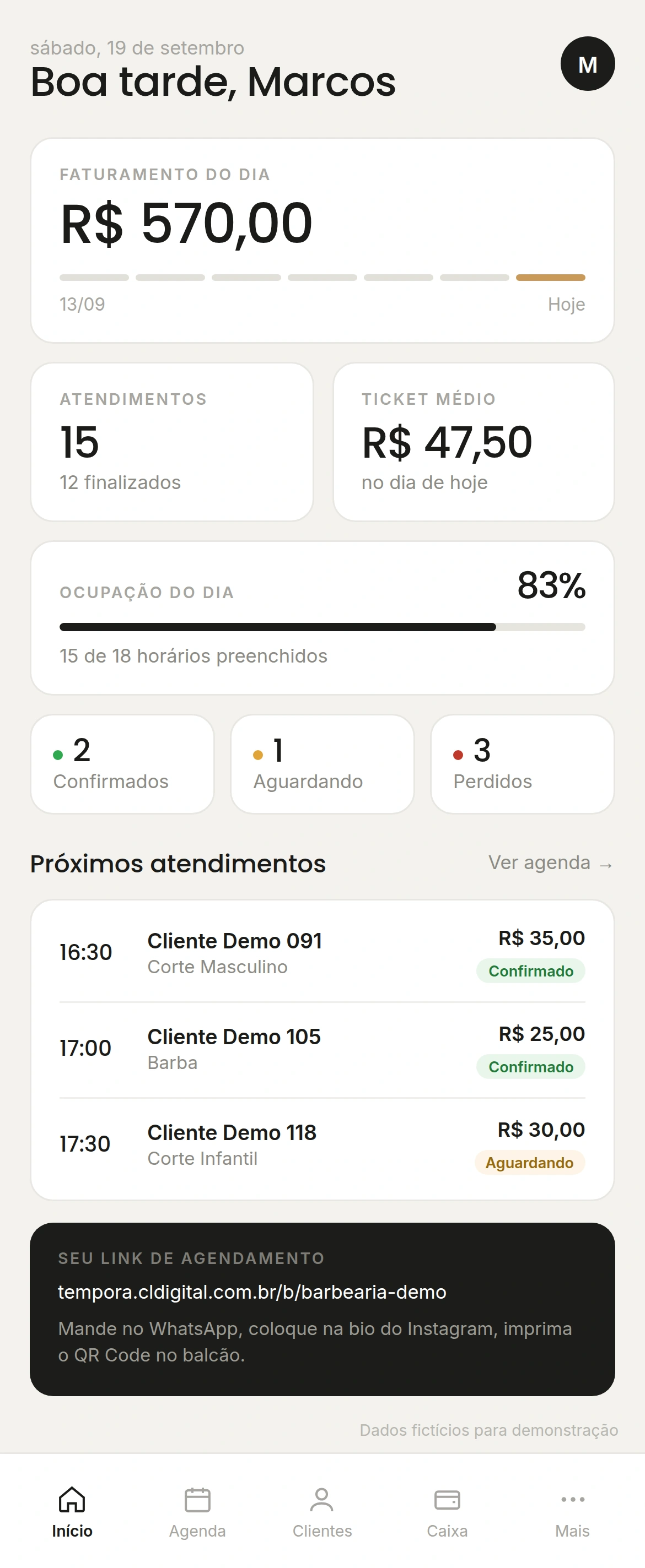 Têmpora: tela inicial com faturamento do dia, ocupação e próximos atendimentos